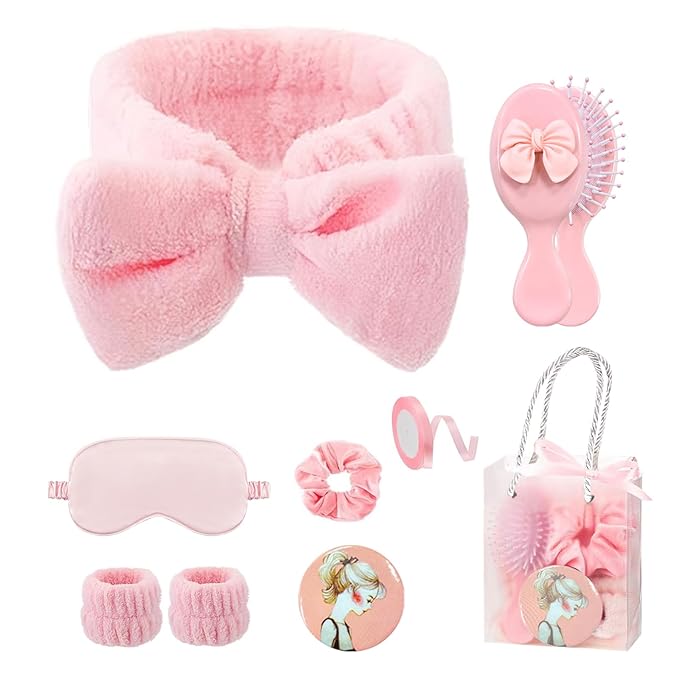9 Pcs Sleepover Party Supplies for Girls Include Spa Headband Sleep Eye Mask Pink Scrunchie with Coquette Bow Mirror Hair Comb Gift Bags for DIY Spa Sleepover Slumber Wedding Birthday Party Favors