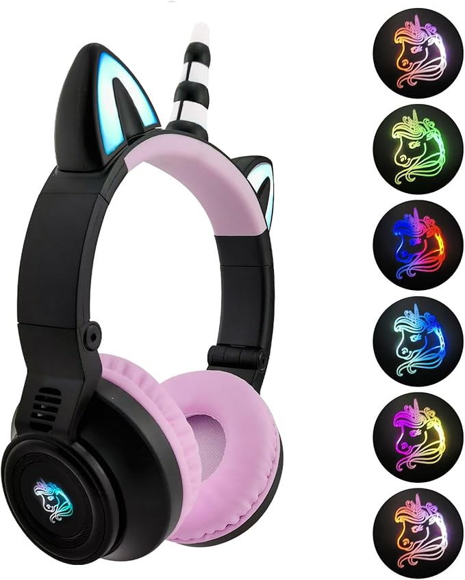 Unicorn Kids Headphones for Girls, Unicorn Bluetooth Headphones Foldable for Girls Toddlers Tablet/pad/Amazon fire,Light Up Kids Wireless Headphone Birthday Gifts (Black)