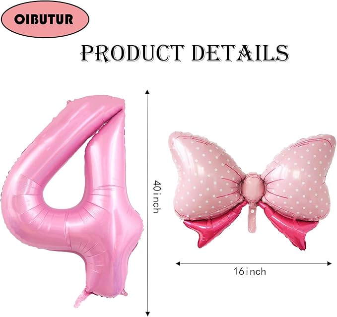 40 inch Number 4 Balloon with Bow Pink Happy Birthday Jumbo Number Balloon for Girls Daughter Birthday Decorations Party Supplies (Number 4)