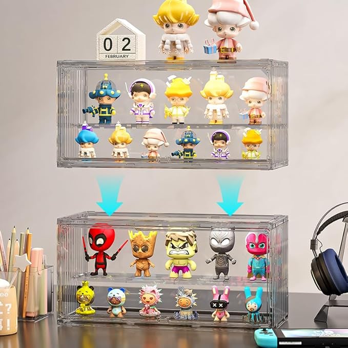 Acrylic Display Case for Collectibles ,2 Layer Adjustable Figure Display Case with Magnetic Door ,Clear Stackable Display Box for Collectibles,Toy, Figures Showcase