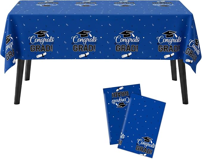 Graduation Tablecloth 2 Pack, 54 x 108 Inch Plastic Tablecloths, Congrats Grad Table Cover, Blue Graduation Party Decorations for Class of 2026, Disposable Rectangle Tablecloth