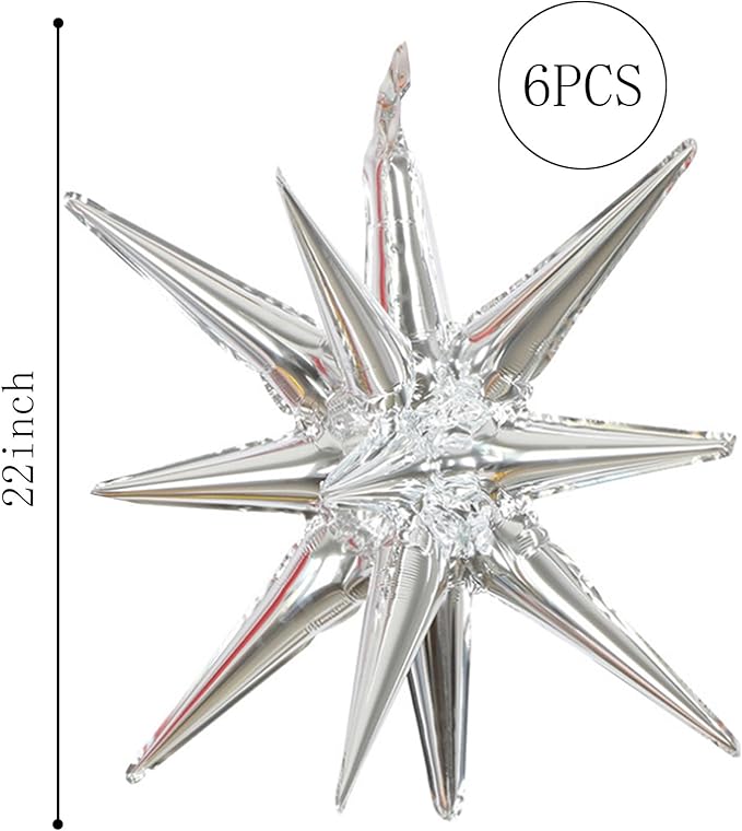 6 Pcs Silver Star Foil Balloons One-Piece 14-Pointed Star Balloon 4D Cone Mylar 22inch Christmas Birthday Wedding Fireworks Shape Party Supplies (Silver)