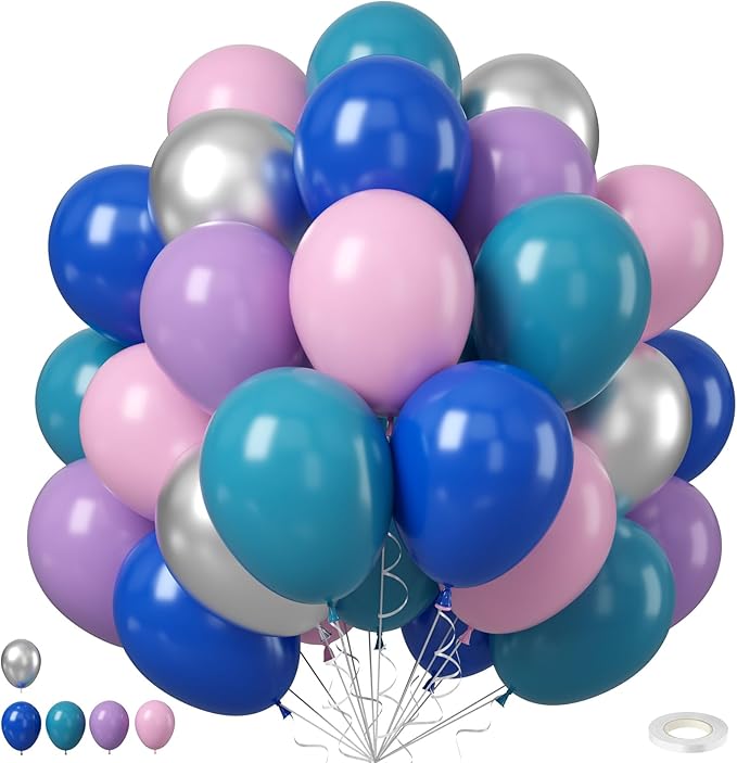 Pink Blue Purple Balloons, 12 Inchs Blue Pink Metallic Silver Cartoon Theme Balloons for Kids Birthday Hawaii Tropical Party Supplies Video Gaming Baby Shower Party Decorations
