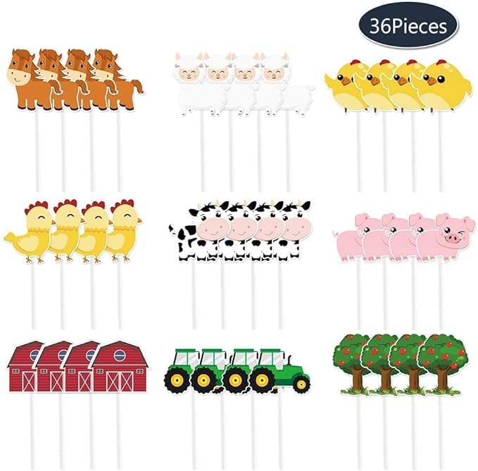 WERNNSAI 36 PCS Farm Cupcake Toppers - Farm Animal Birthday Decorations Animal Cake Toppers Picks Barnyard Party Decorations for Kids Baby Shower Birthday Tractor Theme Party Supplies