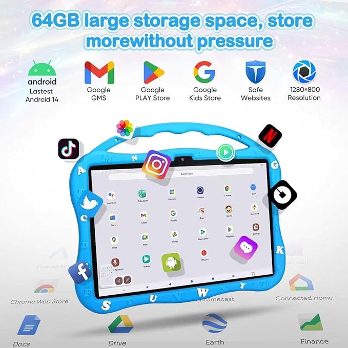 Kids Tablet, 10.1 inch Tablet for Kids 3-10, Educational Learning Toddler Tablet Android 14, 8（4+4） GB RAM+64GB ROM Storage, 5G WiFi, Baby Girl boy Present (Blue)
