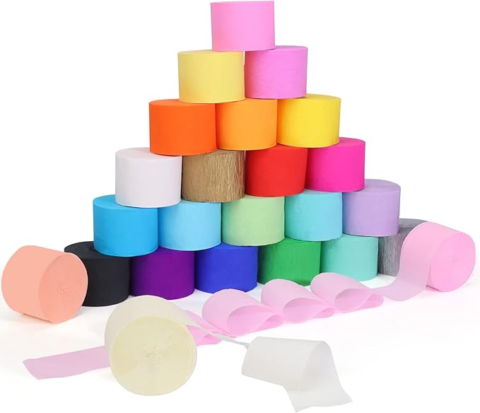 24 Rolls Crepe Paper Streamers, 24 Colors Rainbow Pastel Streamers Party Supplies for Birthday Party Baby Shower Rainbow DIY Christmas Halloween Wedding Ceremony Various Large Festivals Decoration