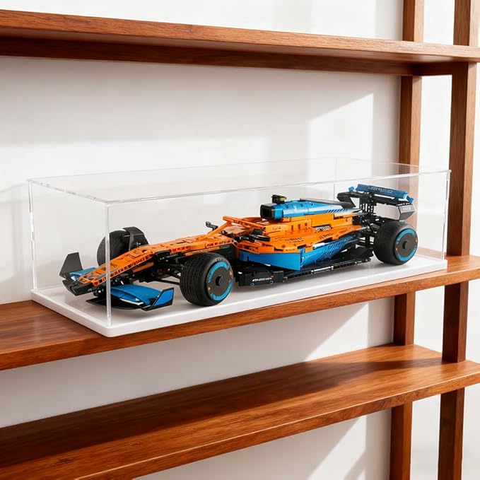 DuvinDD Acrylic Display Case for Lego Car Mercedes F1 42171, McLaren F1 42141, Clear Large Display Box 1/8 Scale Model Car Dustproof for Collectibles with Black Base(27.5x11.8x7.8 inch)