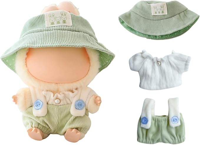 Clothes for Lu bubu 17cm Dolls Accessories(No Doll), Cute Outfit Set 3 Pieces Bib Pants Suitable for 17cm Doll Suit, Stylish Dress Up Overalls Doll Clothing Set Replacement with Hat Clothes Green