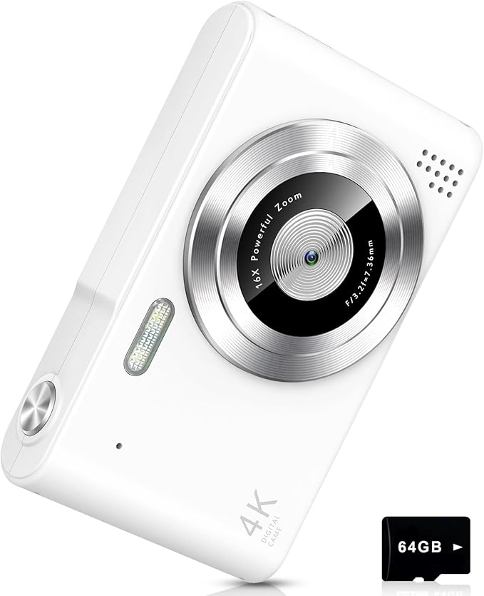 aycy Point and Shoot Digital Camera for Kids, UHD 4K 48MP with 64GB SD Card and 16X Digital Zoom Anti Shake, Compact Portable Small Gift for Students, Ivory White