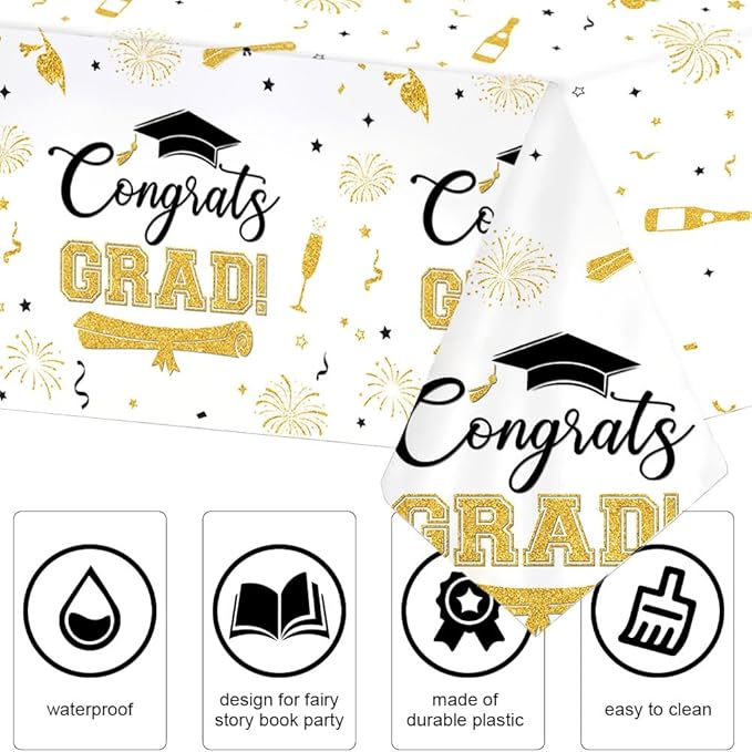 3 Pcs Graduation Tablecloth Decorations White Gold Congrats Grad Disposable Table Cover Class of 2026 Graduation Plastic Tablecloth Table Cover Decorations 108 x 54 Inch