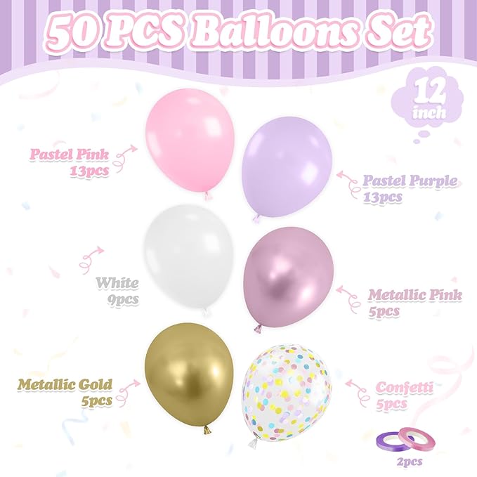 FunHot Pink Purple Balloons, 50 Pcs Metallic Gold Pink Balloon, 12 Inch Pastel Purple Colorful Confetti Latex Balloons for Girls Baby Shower Wedding Women Birthday Anniversary Butterfly Party Decor