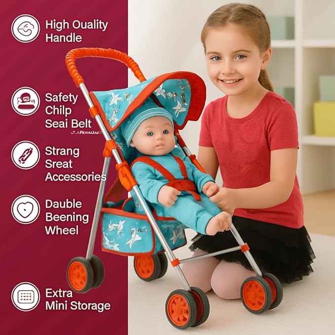 Fash n kolor® 4 Piece Doll Play Set, Doll Accessories Gift, Toy Set -Unicorn Design Includes, Doll Foldable Bed, Doll Stroller, Doll High Chair and Doll Seat, Dolls Gift Set (4 Piece Set)