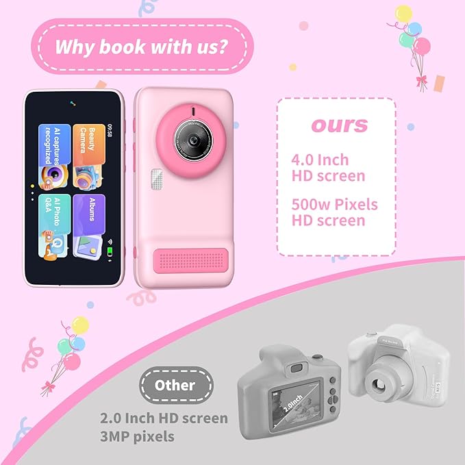 Kids WiFi AI Camera with 11 AI Roles & Photo Recognition, 5MP Digital Camera for Kids, 3.97" IPS Screen, Educational Learning Toy, Christmas Birthday Gifts for Boys Girls Ages 3-12（Pink）