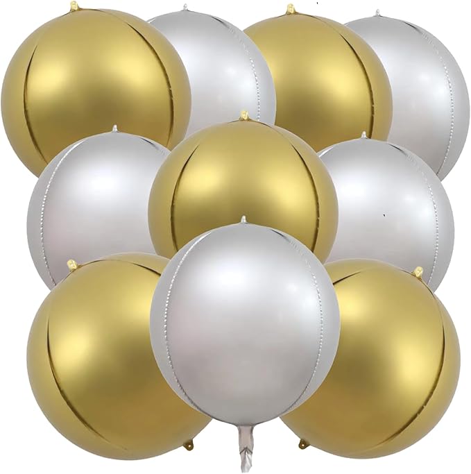 KALOR 22 Inch Matte Gold and Silver Foil Balloons, 10 Pcs Large 4D Giant Round Metallic Foil Balloon for Birthday Party Baby Shower Graduation Party Decorations