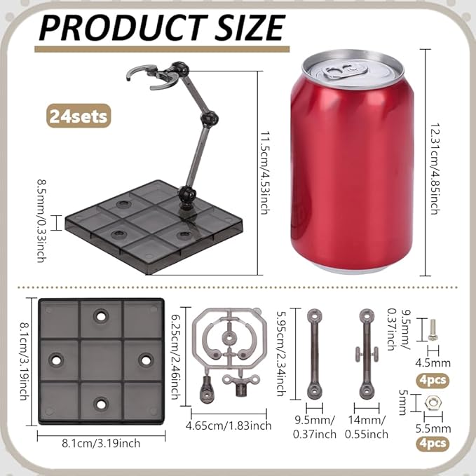 FINGERINSPIRE 24PCS Adjustable Black Action Figure Stand Holder Square Base Display for Action Figure Collectible Model Bendable Support Arm Durable Plastic Base for Model Display Supply
