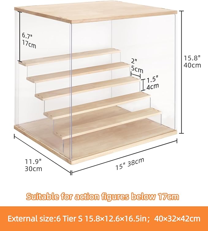 Clear Acrylic Display Case with Light , 6 Tier Display Box Stand Assembly Dustproof Protection Showcase for Collectibles Action Figures (6 Tier S 15.8*12.6*16.5in；40×32×42cm)