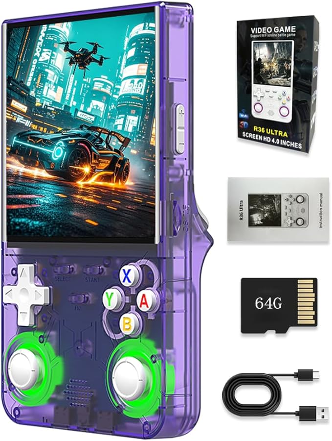 New R36 Ultra Handheld Game Console, 4" IPS Screen Portable Video Game Console , Built in 64G Card & 20000 Games, Linux System Support WiFi Bluetooth (Purple,64G)