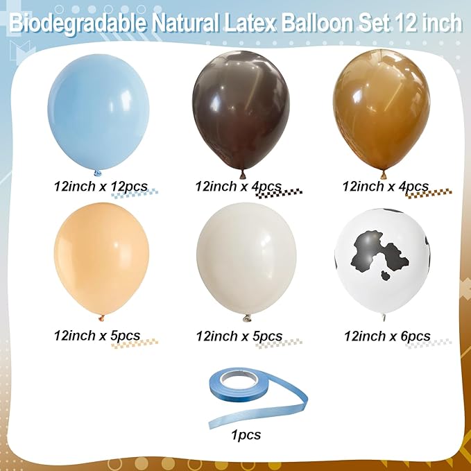 Blue Cow Print Balloons - Western Cowboy Baby Shower Decorations, Light Blue & Brown Cow Latex Balloons for Farm Animal Theme Birthday Party Supplies