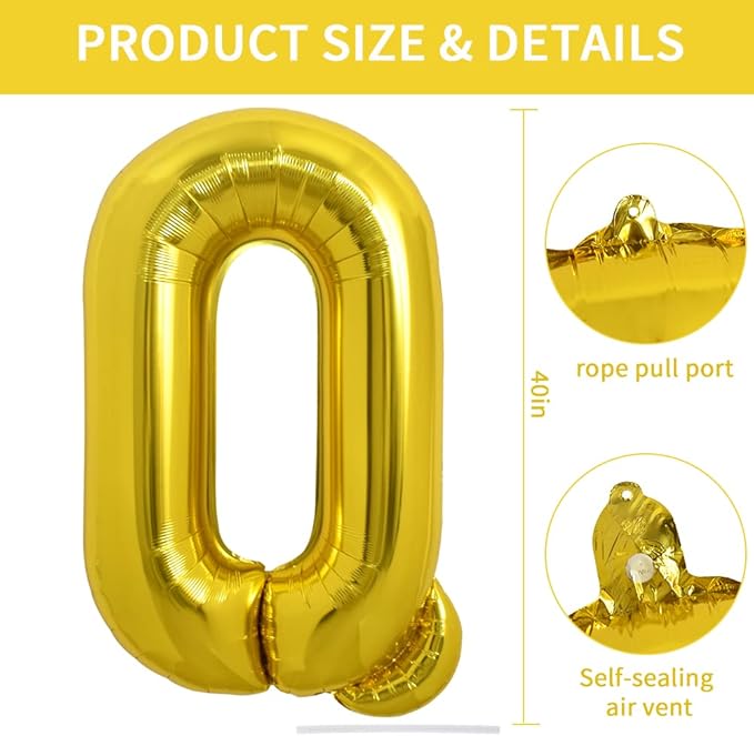 TONIFUL 40 Inch Large Gold Letter Q Balloons Helium Balloons,Foil Mylar Big Balloons for Birthday Party Anniversary Supplies Decorations