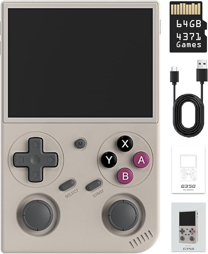 G350 Retro Handheld Game Console , Preload 4371 Games 3.5 Inch IPS Screen 3200 mAh Battery Linux System Portable Video Games Console Support Controller and Earphone (Gray)