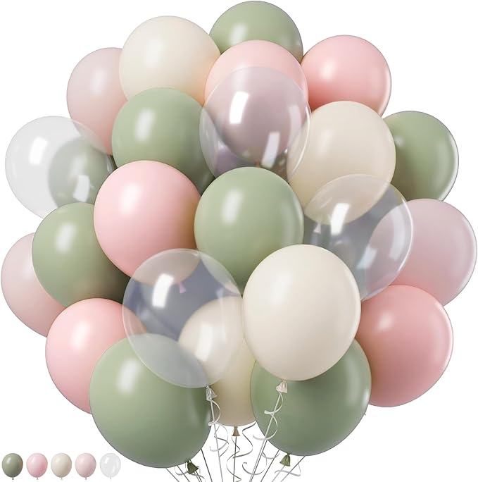 Retro Pink and Sage Green Balloons, Olive Green Pale Pastel Pink Cream White Clear Transparent Balloon for Fairy Tea Party, Floral Balloons as Baby Shower Wedding Nutcracker Birthday Party Decoration