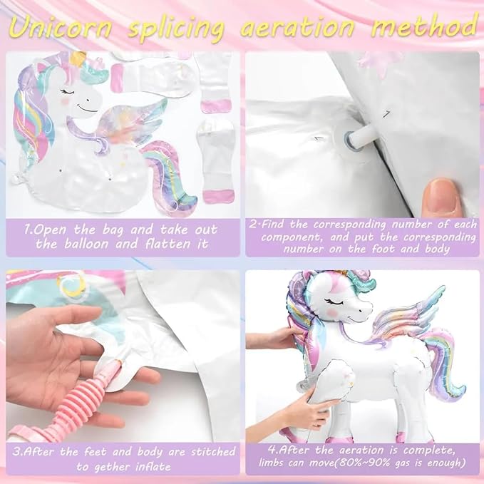 16 Pcs Unicorn Balloons Kit for Birthday Party Decorations - 2 Self Standing 3D Foil Unicorns, 4 Stars & 10 Printed Latex with Tying Tool (No Helium Needed)