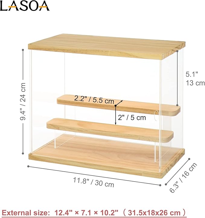 LASOA Acrylic Display Case with Adjustable LED Lights, 3 Tier Clear Display Box for Action Figures and Collectibles, Self-Assembly Showcase with Wooden Base for Miniatures, 11.8x6.5x9.4inch