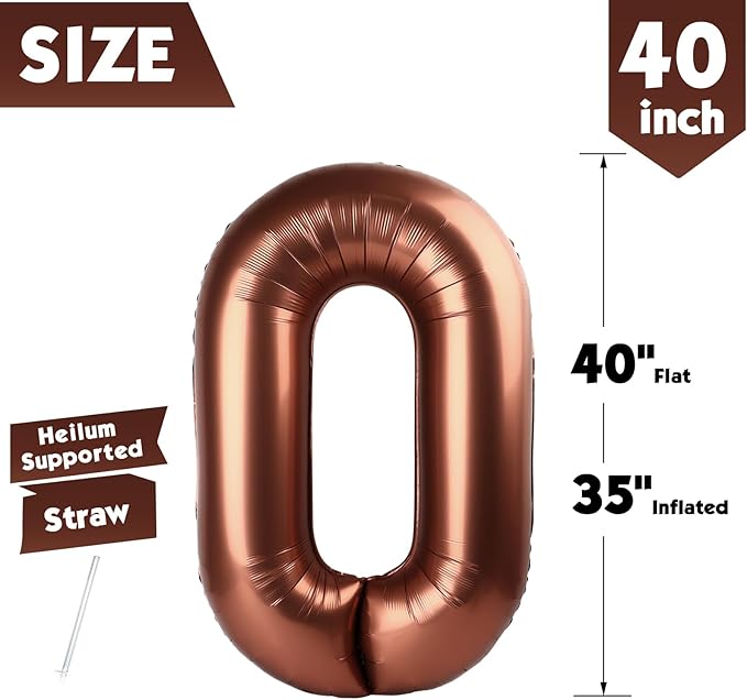 40 Inch Coffee Brown Number 0 Balloon, Giant Number 0 Balloons for 10th 20th 30th 40th Birthday Decorations, Party Supplies for Baby Boy Girl, Coffee Brown Party Decor
