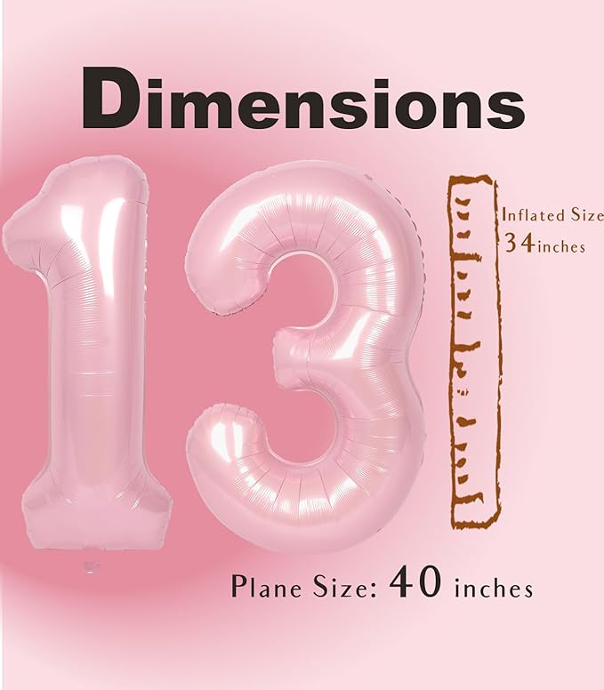 SUWEN 40 Inch Pink Large 13 Number Balloons Big Foil Helium Number Balloons 0-9 Jumbo Happy 13th Mylar Birthday Party Decorations for Girl or Women 31 Anniversary Party Supplies
