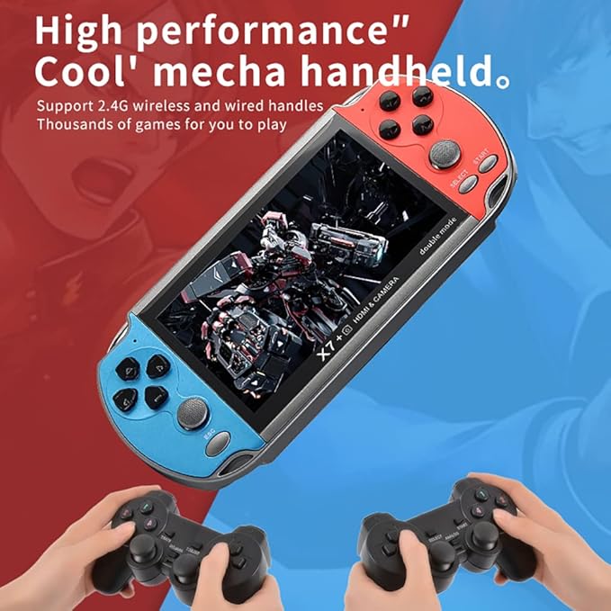 DREAMHAX X7 Plus Handheld Game Console , Preload 10000 Games Portable Video Games Support HDMI Output & Double Player Classic Arcade Retro Game Player (4.3" Screen Red & Blue)