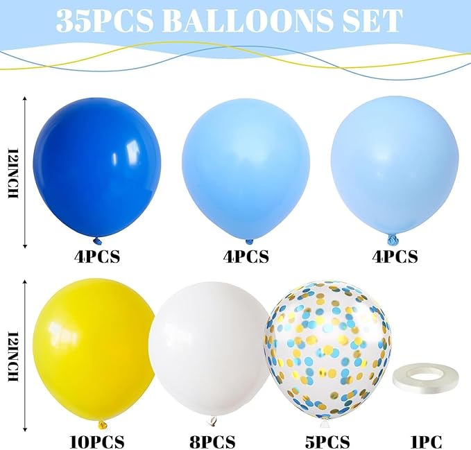 Yellow Blue Balloons, 12Inch Dark Light Blue Yellow and White Latex Balloons with Confetti Helium Balloon for Kids Cartoon Birthday Baby Shower Graduation Ocean Sky Theme Party Decorations