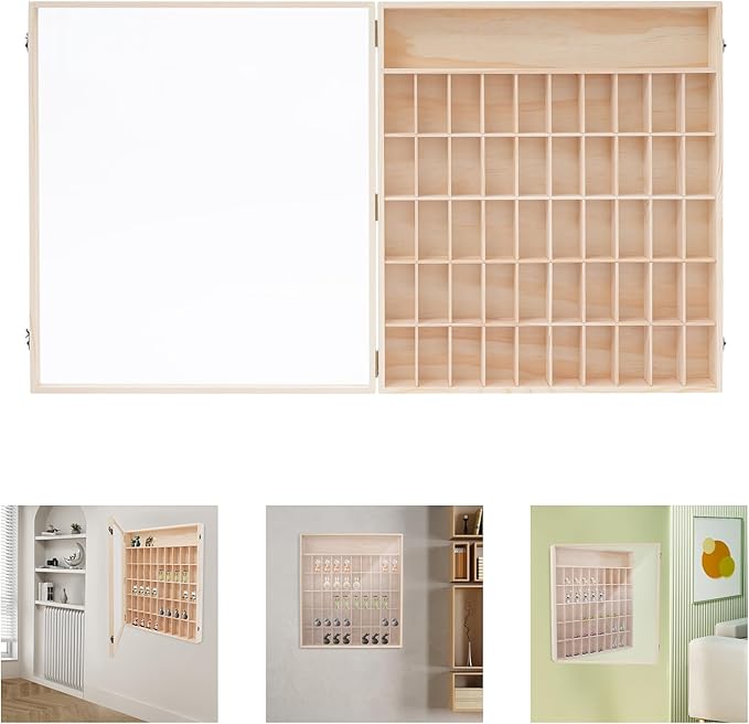 23x24 Wall Mount Wooden Display Shelves Rack for Action Figures - 50 Small Compartments, Acrylic Door, Pine Wood Shelf for Collectibles, Toys, Mini POPs - Dust-Proof Wall Storage & Home Decor