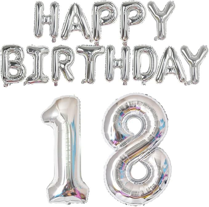Happy Birthday Balloon Banner 40 inch 18 Balloon Number 16 Inch Happy Birthday Letters Balloons Silver Foil Mylar Balloons for 18th Birthday Decorations Party Supplies