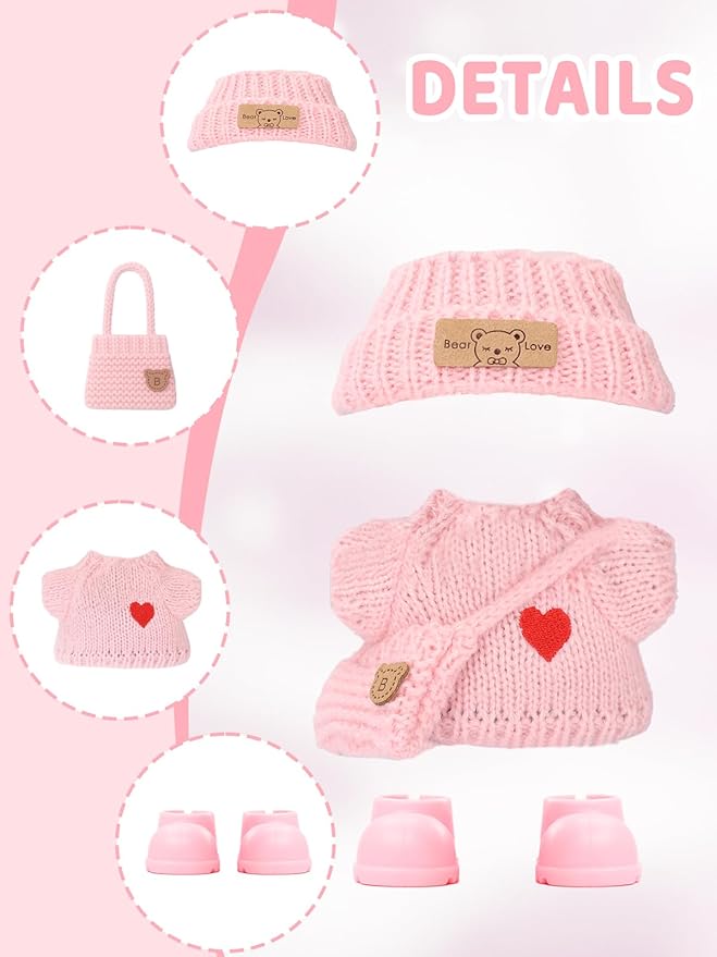 2026 New Crochet Doll Clothes Set for 17cm (6.7 inch) Dolls - 4 Piece Outfit with Hat, Dress, Backpack & Shoes - Cute & Stylish Accessories for, Light Pink (Doll Not Included)
