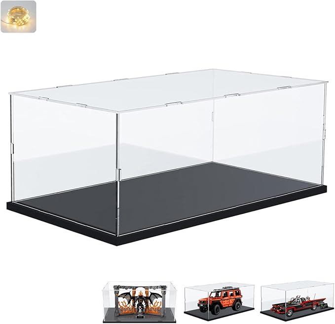 Thickened 3MM Clear Acrylic Display Case for Lego 10367 Lord of the Rings Balrog Book Nook 76328 42177 Collectibles Transparent Box Protection with Wood-Plastic Base Light, Black Inside 21.7x9.8x9.8in