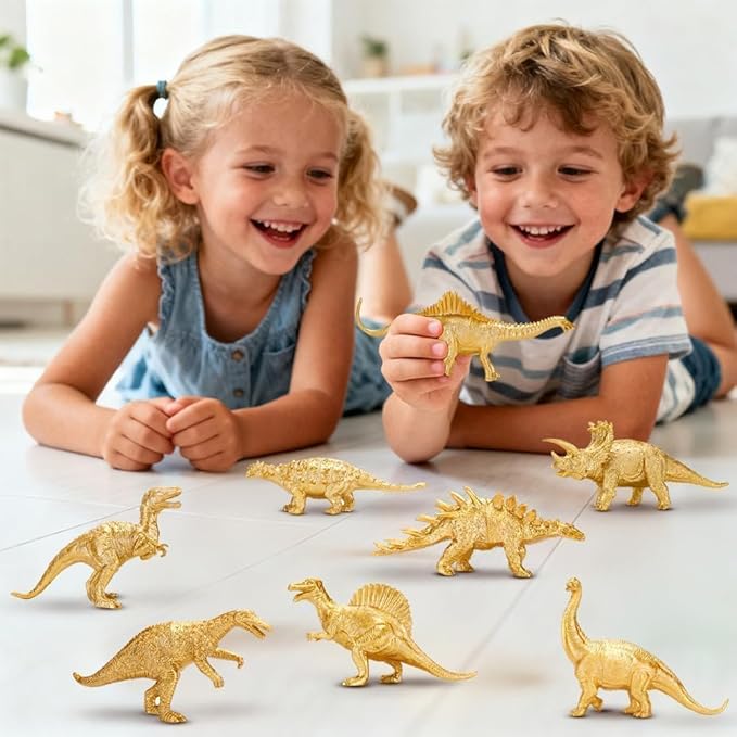 BOLZRA Metallic Gold Plastic Dinosaurs Figurine Toys, 12PCS Golden Dinosaur Figures for Boys Girls, Baby Shower, Bridal Shower Decorations, Kids Dino Themed Birthday Party Supplies Cake Topper