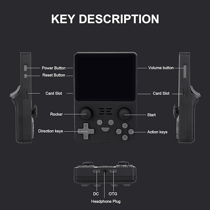 Powkiddy RGB20S Handheld Game Console, 3.5 Inch IPS Screen, 15,000 Built-in Games, 64GB, White, Linux Platform, Battery Powered (Black)