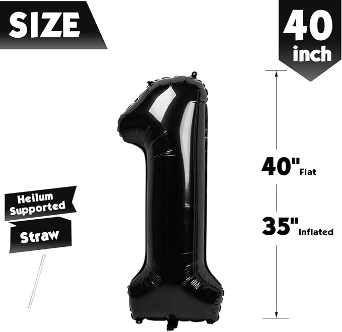 40 Inch Black Number 1 Balloon, Giant Number 1 Balloons for 11th 12th 21st Birthday Decorations, Party Supplies for Baby Boy Girl, Black Party Decor
