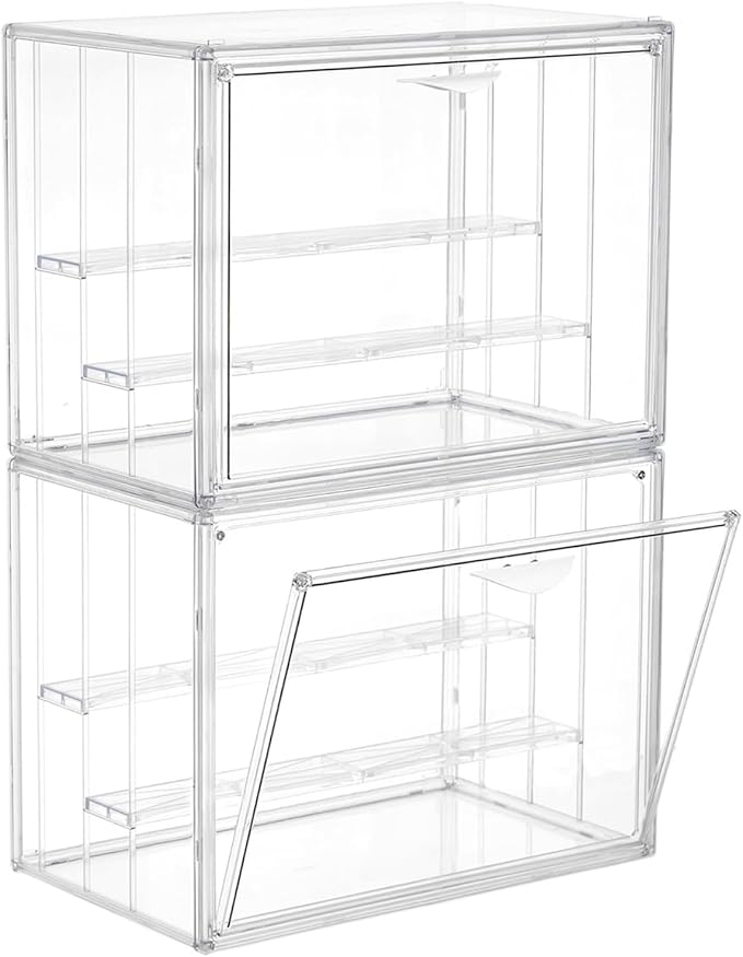 Clear Acrylic Display Case for Collectibles 3 Layer Adjustable Figure Display Box with 2 Movable Plates, Stackable Figurine Display Shelf with Magnetic Door for Action Figures, Funko (AY03-XLarge-2)
