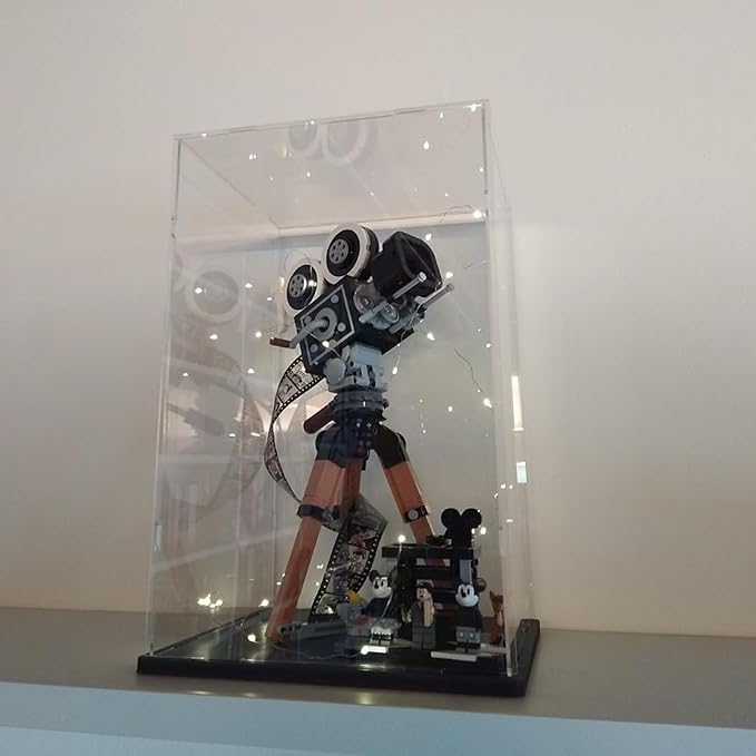 Clear Acrylic Display Case for Labubu Popmart The Monsters Fall in Wild Doll for Space Molly 400% for Lego 43230 21347 75308 31141 Transparent Box for Lego Display with Light, Black 9.8x9.8x15.7 inch