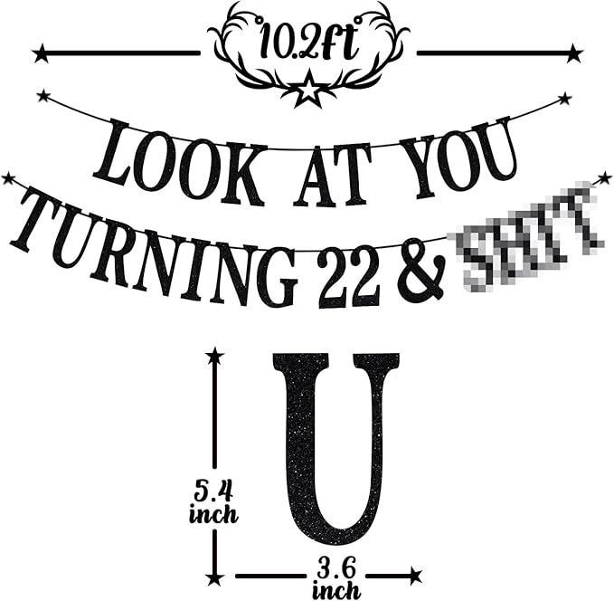 Black Glitter Look at You Turning 22 & Sh*t Banner, Happy 22nd Birthday/Level 22 Unlocked/Cheers to 22 Years, Funny 22nd Birthday Party Decorations Supplies