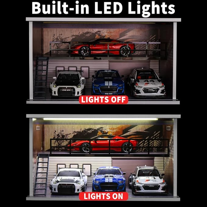 1/24 Scale die-cast Model car Display case with LED Light and Acrylic Cover, Parking lot Scene Diorama Toy Storage Garage Show case for Lego Collectors, Double Layer with 4 Parking Spaces (Drift)