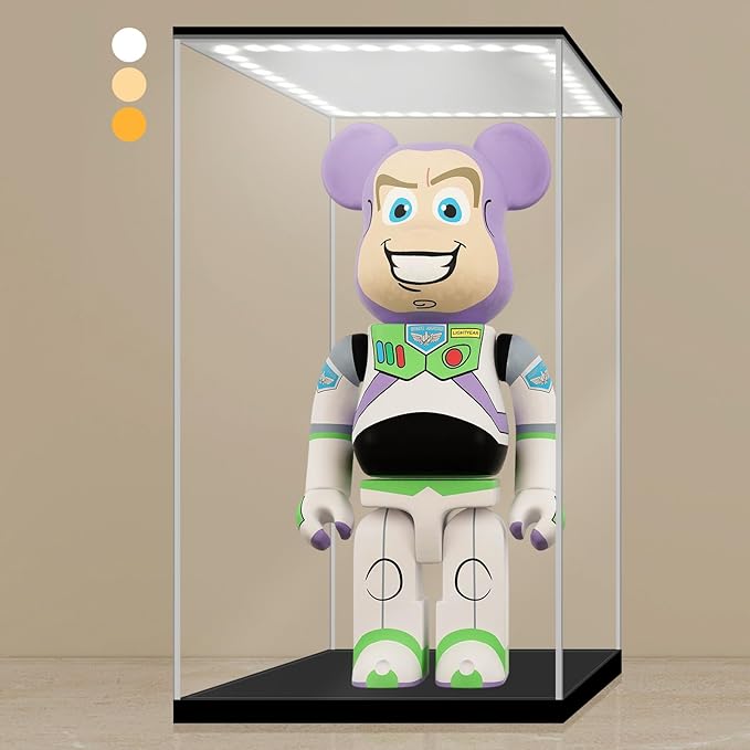 LANSCOERY Acrylic Display Case with Adjustable Yellow/White/Warm LED Light, UV Protection Clear Display Box, Dustproof Showcase for Action Figures, Models, Collectibles - 9.8x7.9x15.7inch