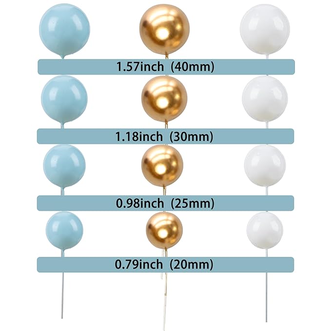 Gyufise 30Pcs Ball Cake Topper Ball Cake Picks Colorful Pearl Ball Shaped Cupcake Insert Cake Topper for Bear Theme Birthday Party Favors Wedding Decoration Supplies Blue White Gold