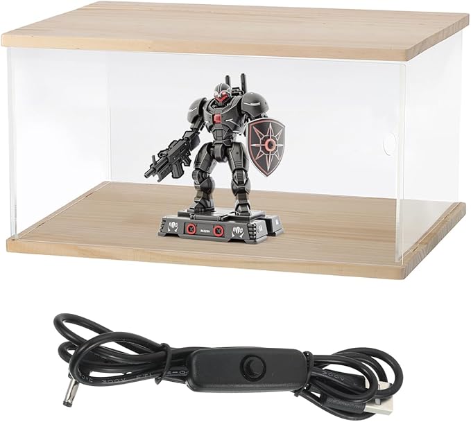 MECCANIXITY Clear Display Case, Acrylic Figure Display Case Clear Display Boxes for Collectibles, Figures Model Toys Home Storage(with Square LED Light, 10x6x5 Inch Wood Base)
