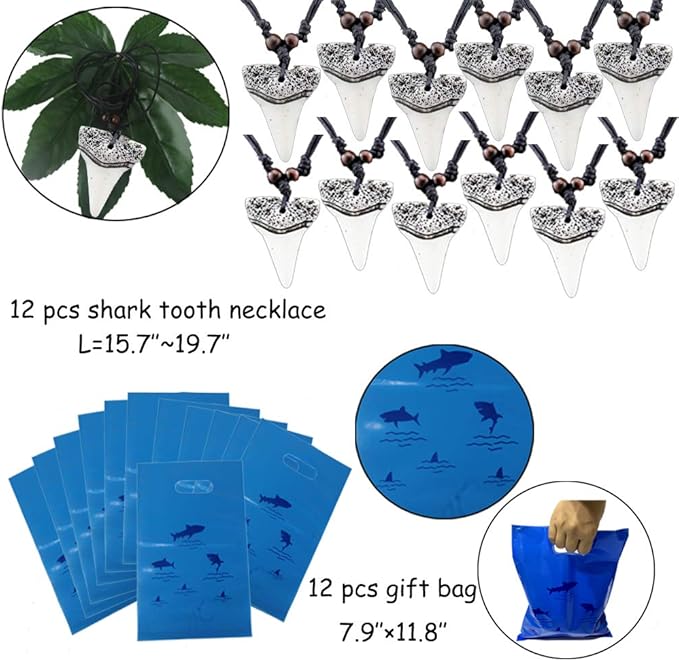 Shark Party Favor Supplies Pack -Shark Tooth Necklace Tattoo Sticker Shark Gift Bag Shark Bracelet Pin Back Button for Kids Under the Sea/Birthday/ Goody Bags (66 pcs/set)