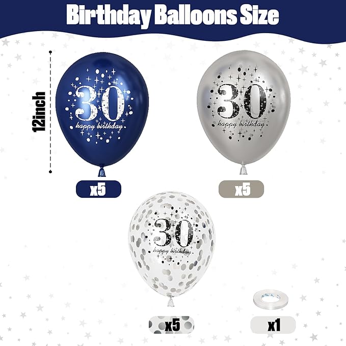 Blue Silver 30th Birthday Latex Balloons, Navy Blue Silver Happy 30th Birthday Party Decorations for Men, 15 Pcs 30th Balloons for Him Age 30 Years Old Birthday Celebration Party Decorations Supplies