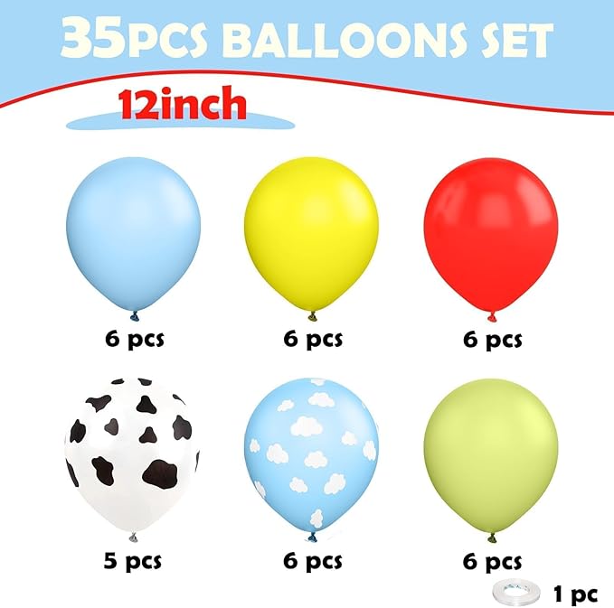 Blue Yellow Green Balloons, 12 Inches Yellow Light Blue Clouds White Cow Pattern Balloons for Boys Birthday, Countryside Theme Baby Shower Cow Party Decorations
