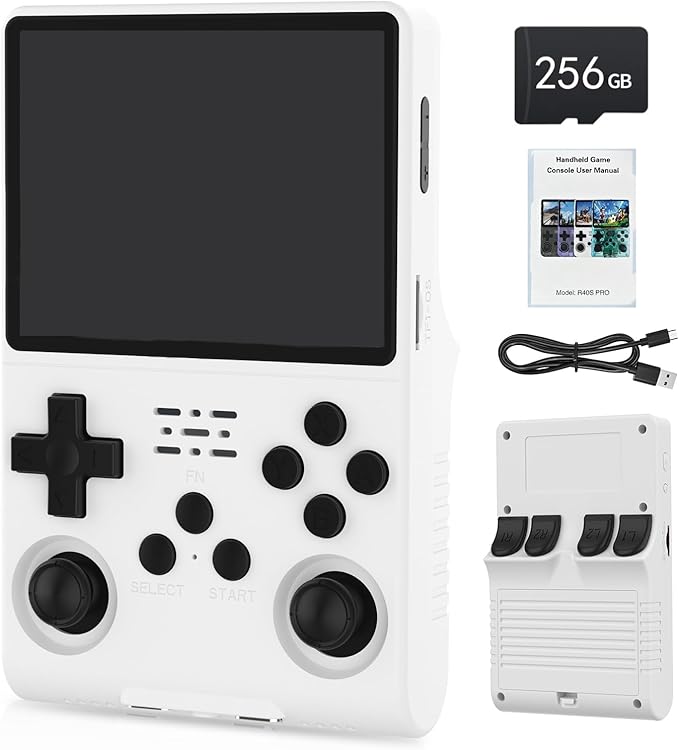 FVBADE[30000 in 1] R40S PRO Handheld Game Console 3.5 inch IPS Screen Mini Retro Console 3800mAh Portable Pocket Arcade 45+ Mainstream Emulator 256G TF Card Transparent.(White)