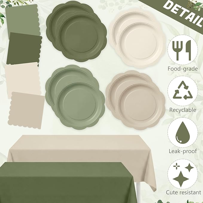 LemonRoad 100 Pcs Nude Sage Green Paper Plates Napkins and Plastic Tablecloth Set for 24, Gradient Green Tan Disposable Dinner Dessert Plate for Baby Shower Birthday Wedding Party Decoration Supply
